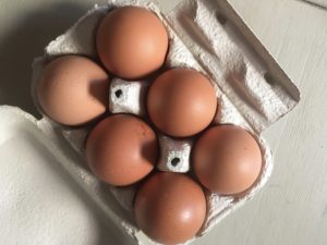 half dozen brown eggs in a carton