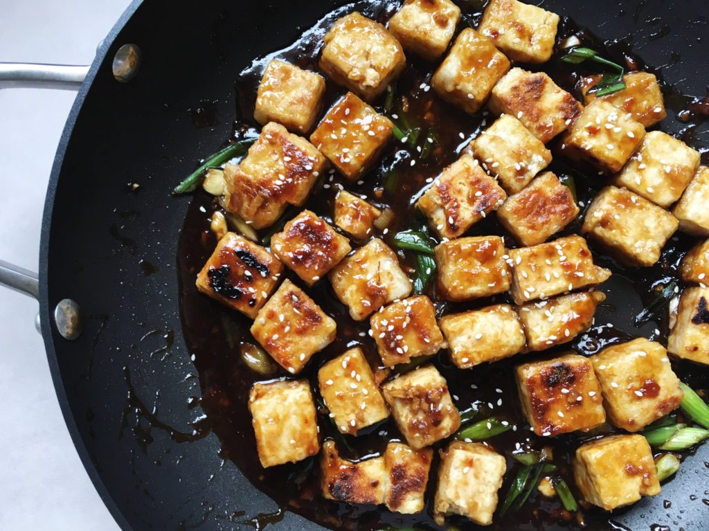 Takeout-style crispy tofu in frying pan