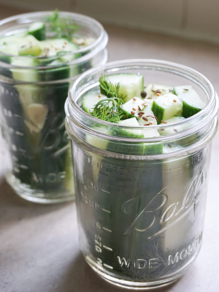 Homemade fridge pickles for gravlax salmon with dill-mustard dressing and homemade pickles