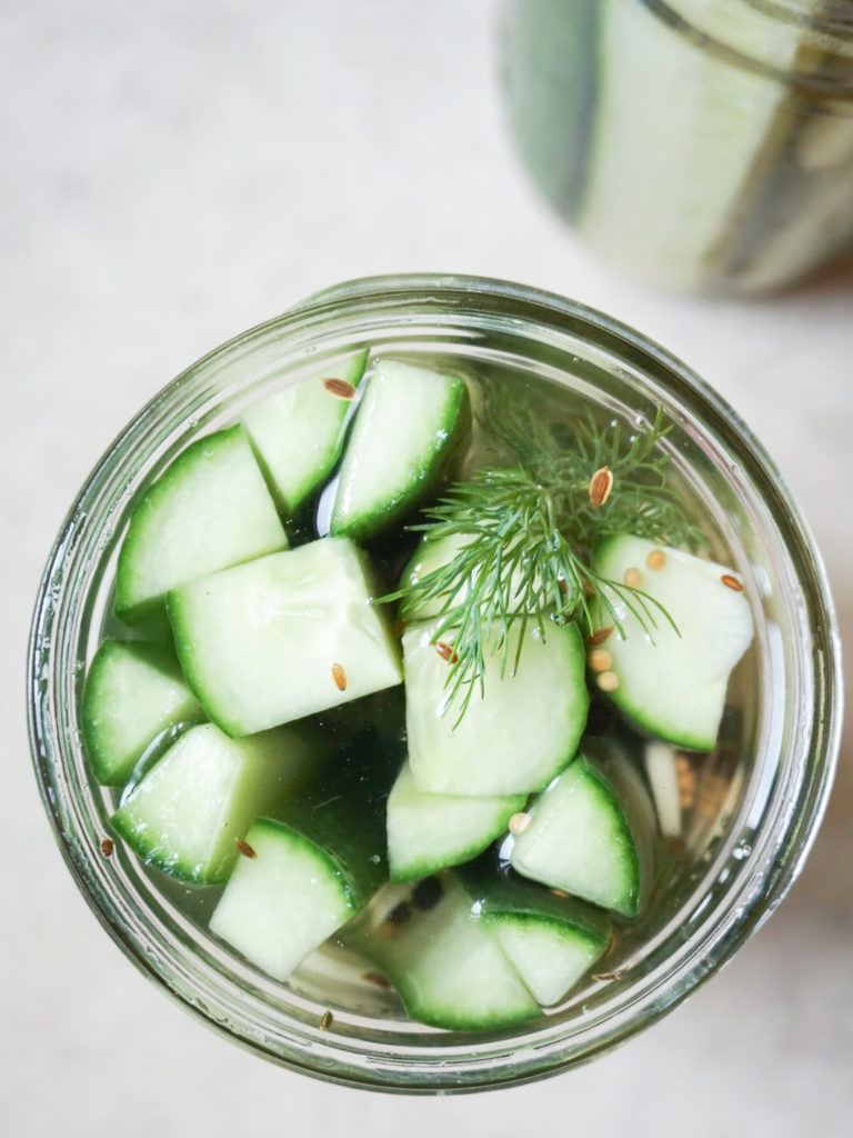 Homemade fridge pickles for gravlax salmon with dill-mustard dressing and homemade pickles