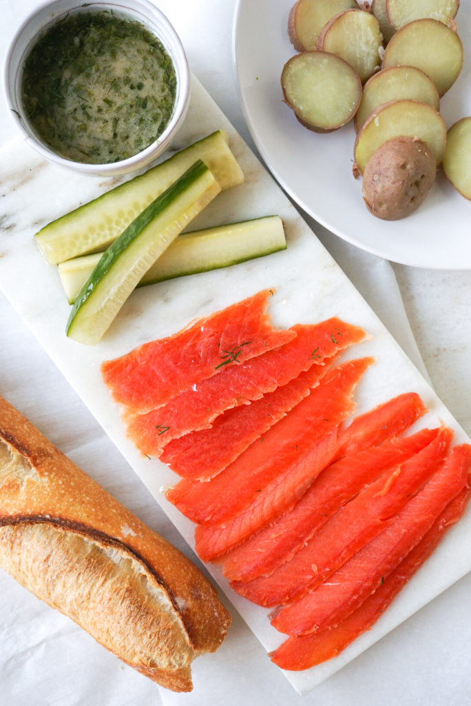 Gravlax Salmon with Dill-Mustard Dressing and Homemade Pickles