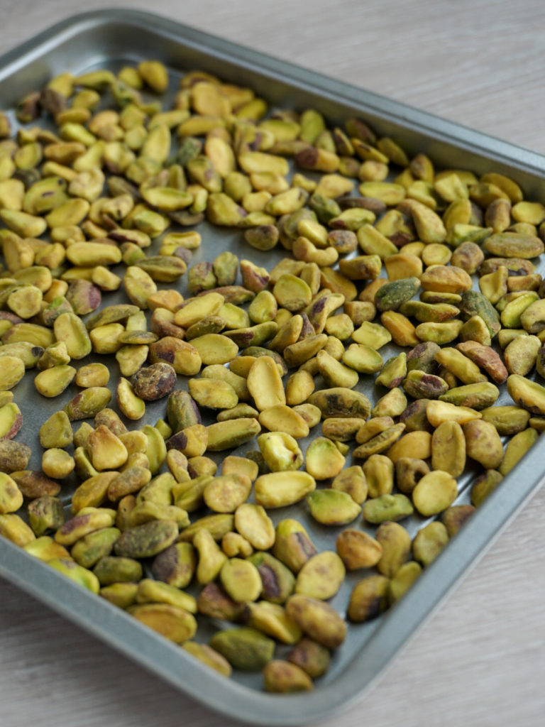 Toasted pistachios in pan