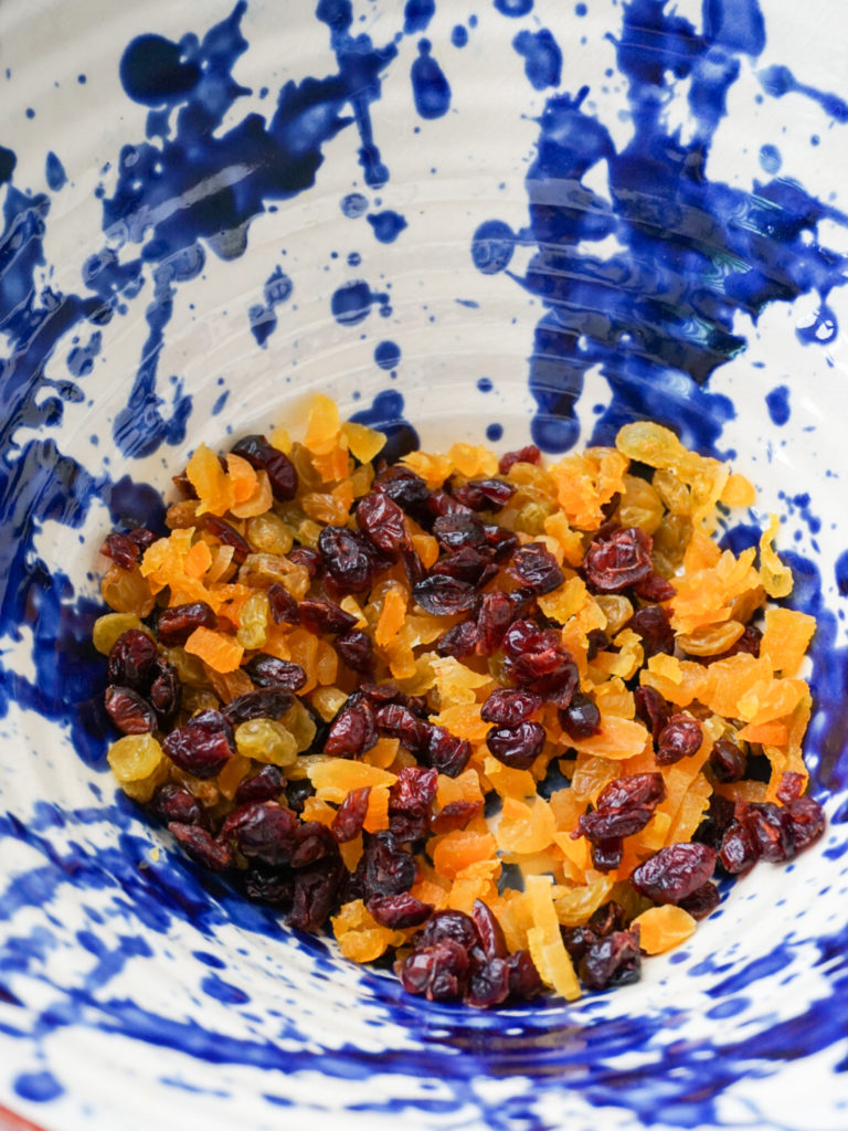 Dried fruit in blue splattered Puglia pottery