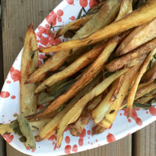 the crispiest baked French fries in red splattered puglia ceramics