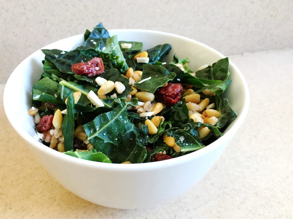 Kale Salad with Farro, Pine Nuts, and Dried Fruit