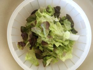 washing lettuce in salad spinner in sink