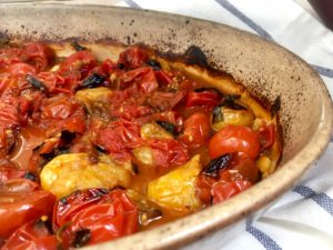 cherry tomatoes, roasted, in gratin dish