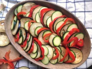 ratatouille in gratin dish, ready to be baked