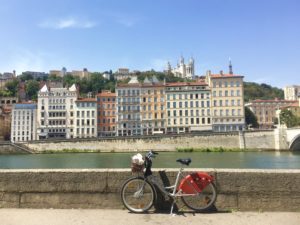 Velo'v bikeshare on the quai du Saone, looking toward Notre Dame du Fourviere