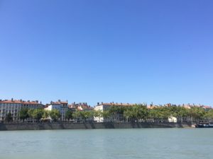 Looking across the Rhone river to the red-roofed buildings of Presqu'Isle, Lyon