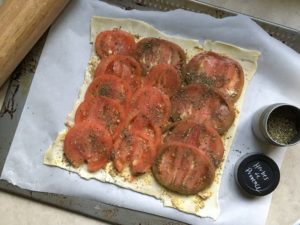 Puff pastry/ pâté feuilleté with dijon, tomatoes, and herbes de provence