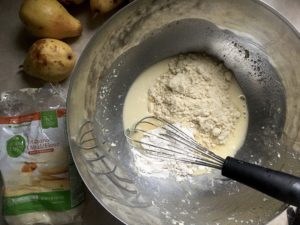 Mixing up the melted butter and almond flour for the pear and almond tart