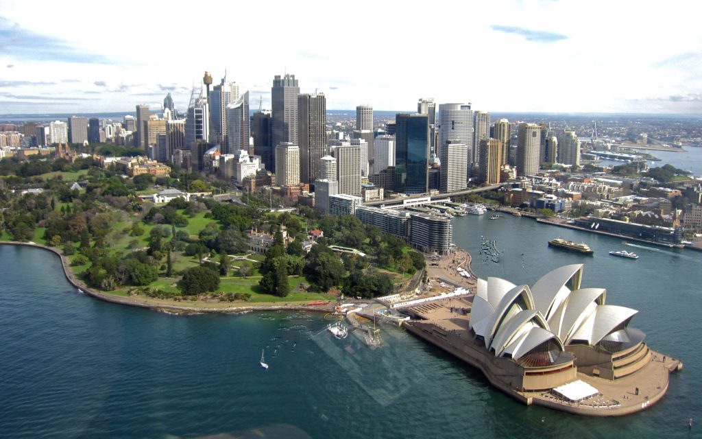 City of Sydney, seen from helicopter over the tabour, with Opera House and Botanical Gardens