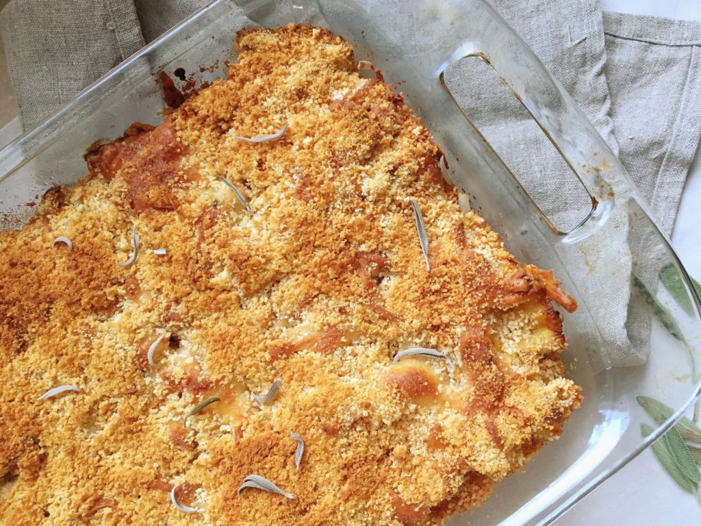 Healthyish butternut squash mac and cheese in casserole dish