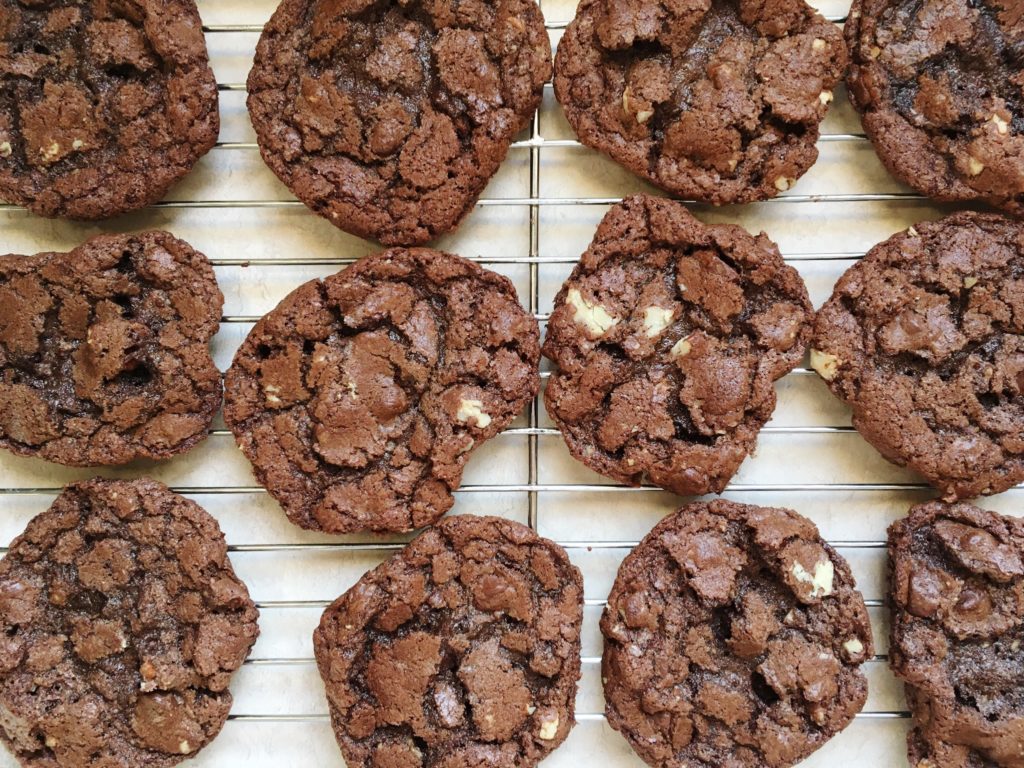 Bittersweet double-chocolate cookies on cooling rack