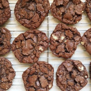 Bittersweet double-chocolate cookies on cooling rack