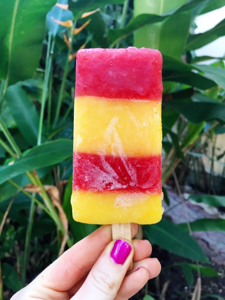 Mango and strawberry paleta up against green leaves in Flor de Michoacan