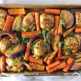 Criminally Easy Chicken Schwarma in a sheet pan with onions and carrots
