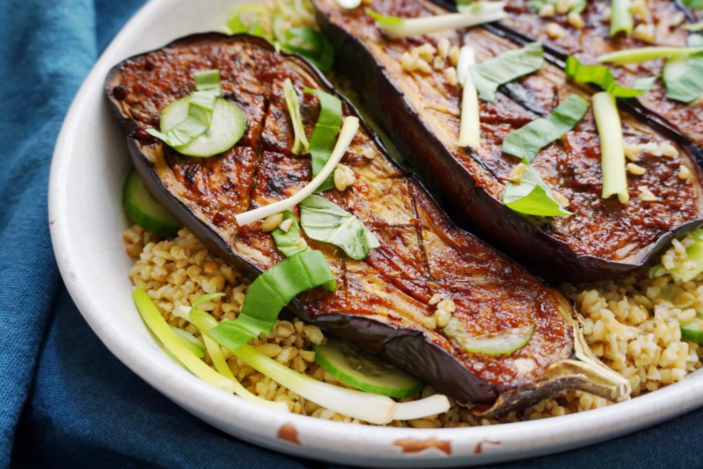 Bon Appetit's Miso-Glazed Eggplant Grain Bowls with Basil, close up