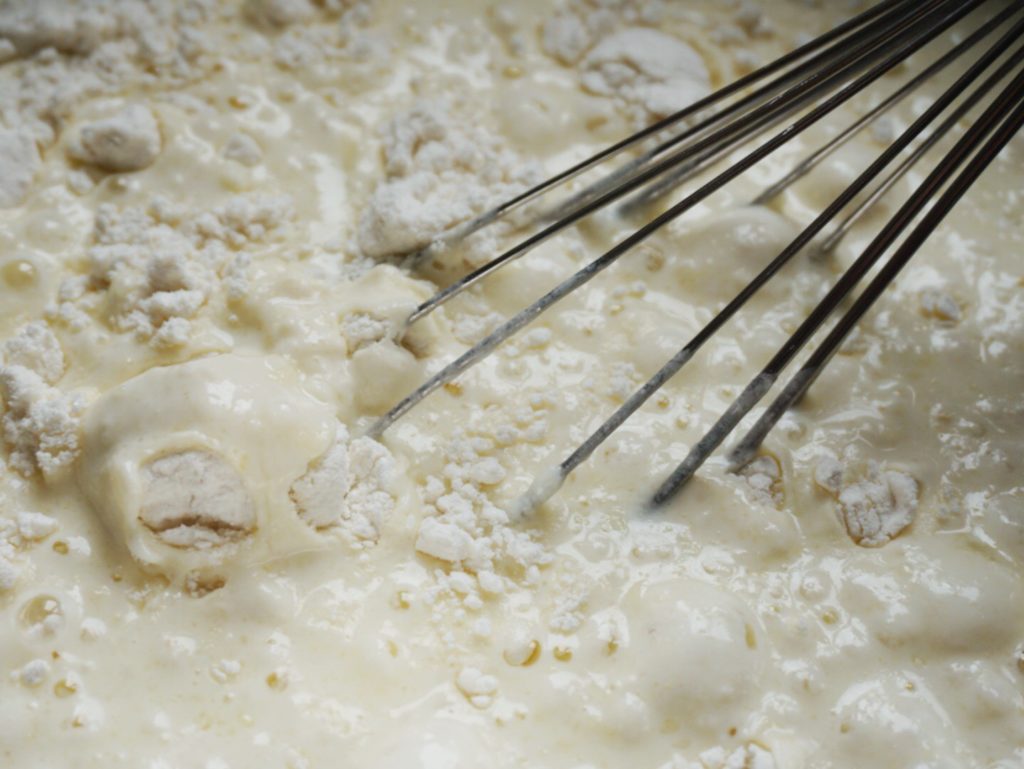closeup of Bette's pancake batter in bowl with whisk