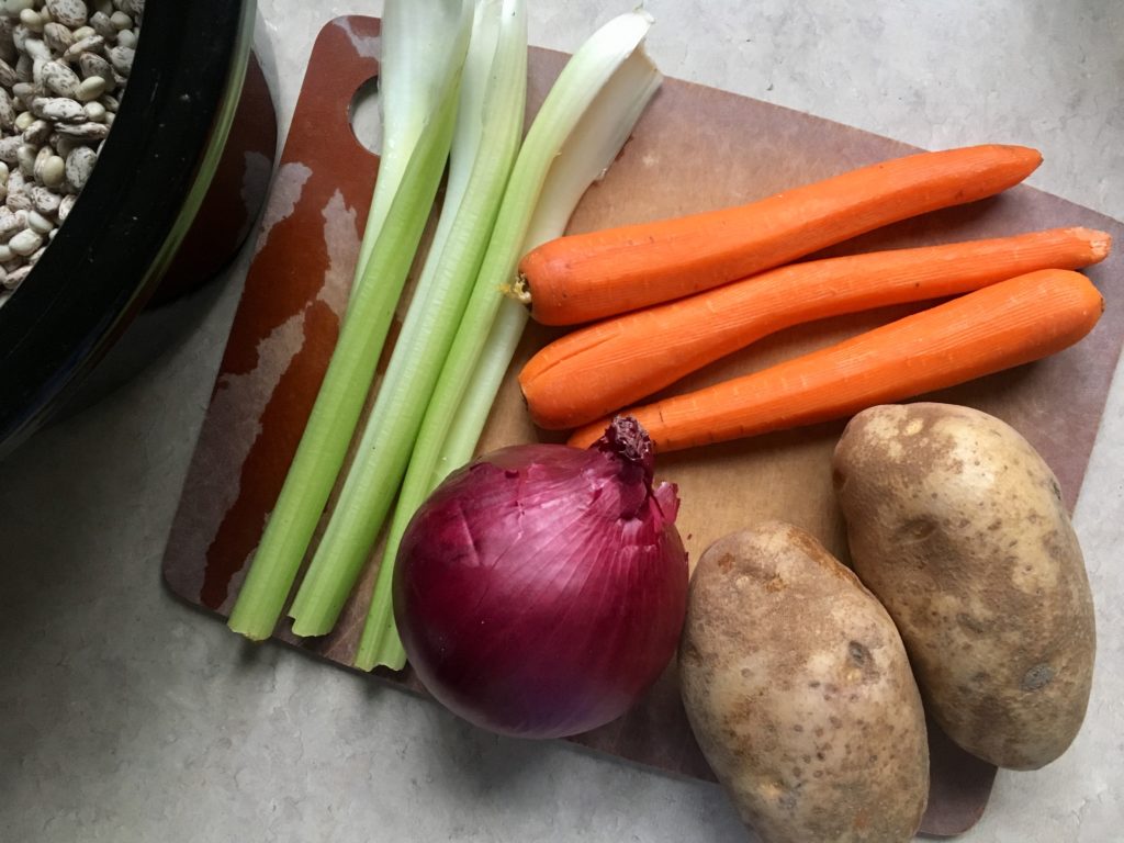 Onion, carrots, celery, and potatoes for Slow-Cooker Tuscan Ribollita