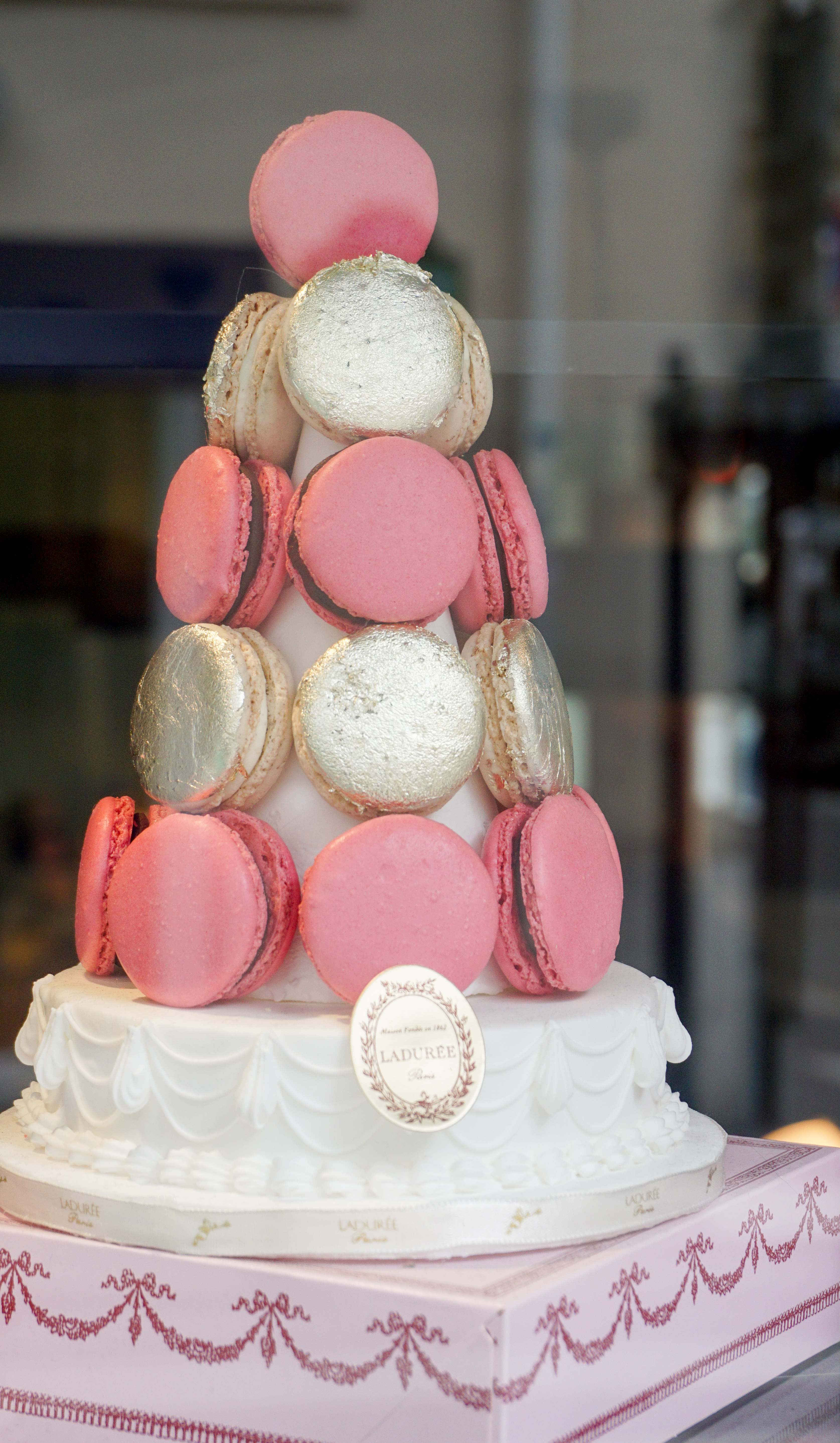macarons on display at Ladurée Paris