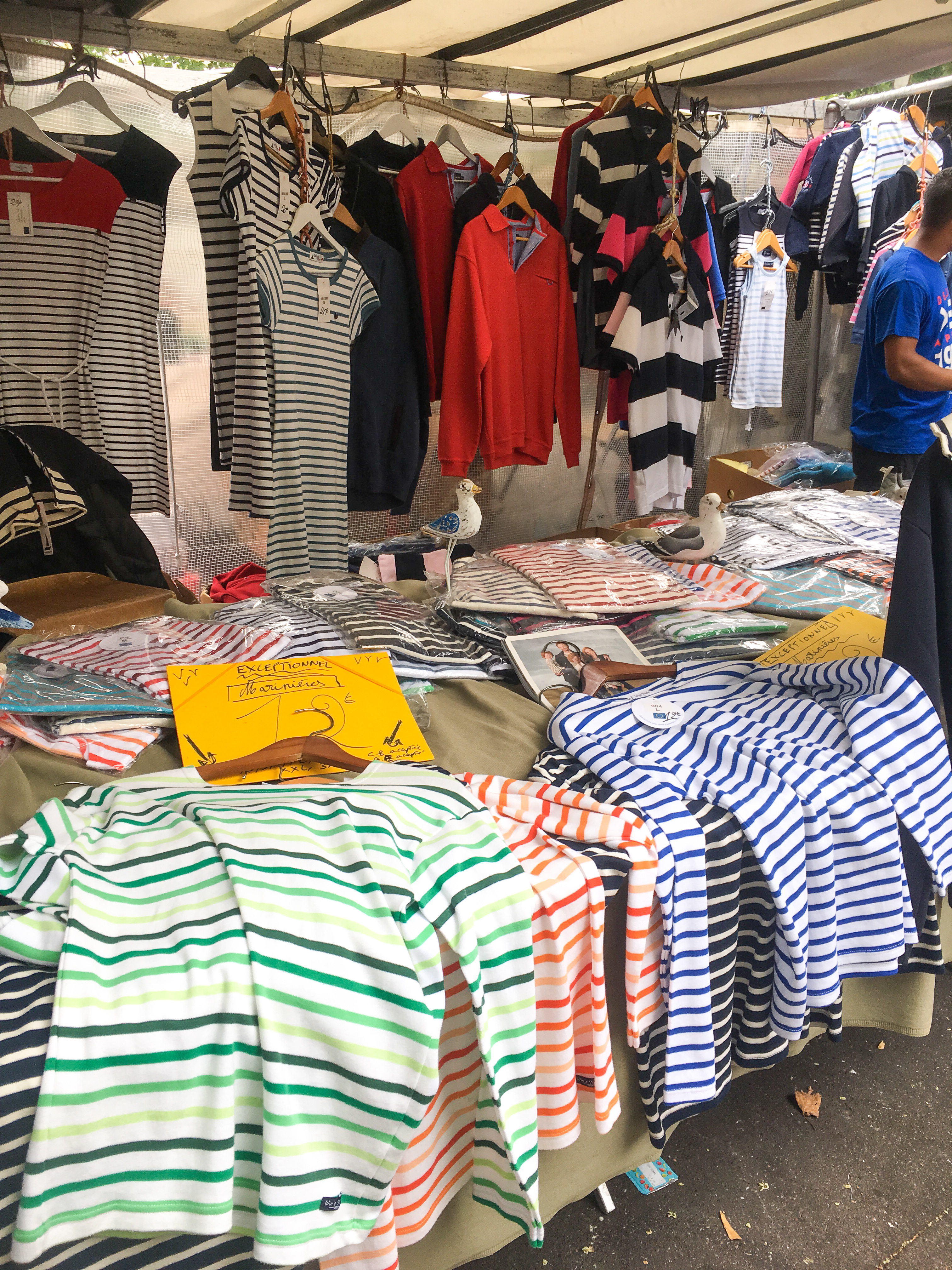 Striped shirts at the Bastille Market Paris travel, food, and restaurant guide