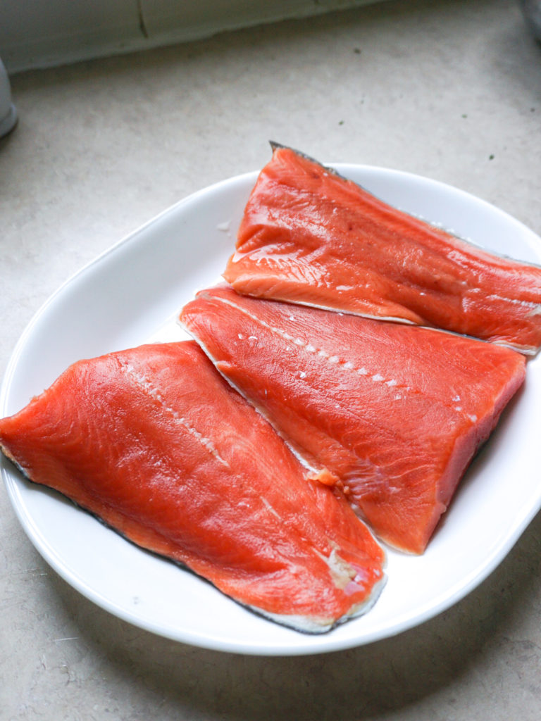 Raw sustainable wild caught Alaskan salmon on plate