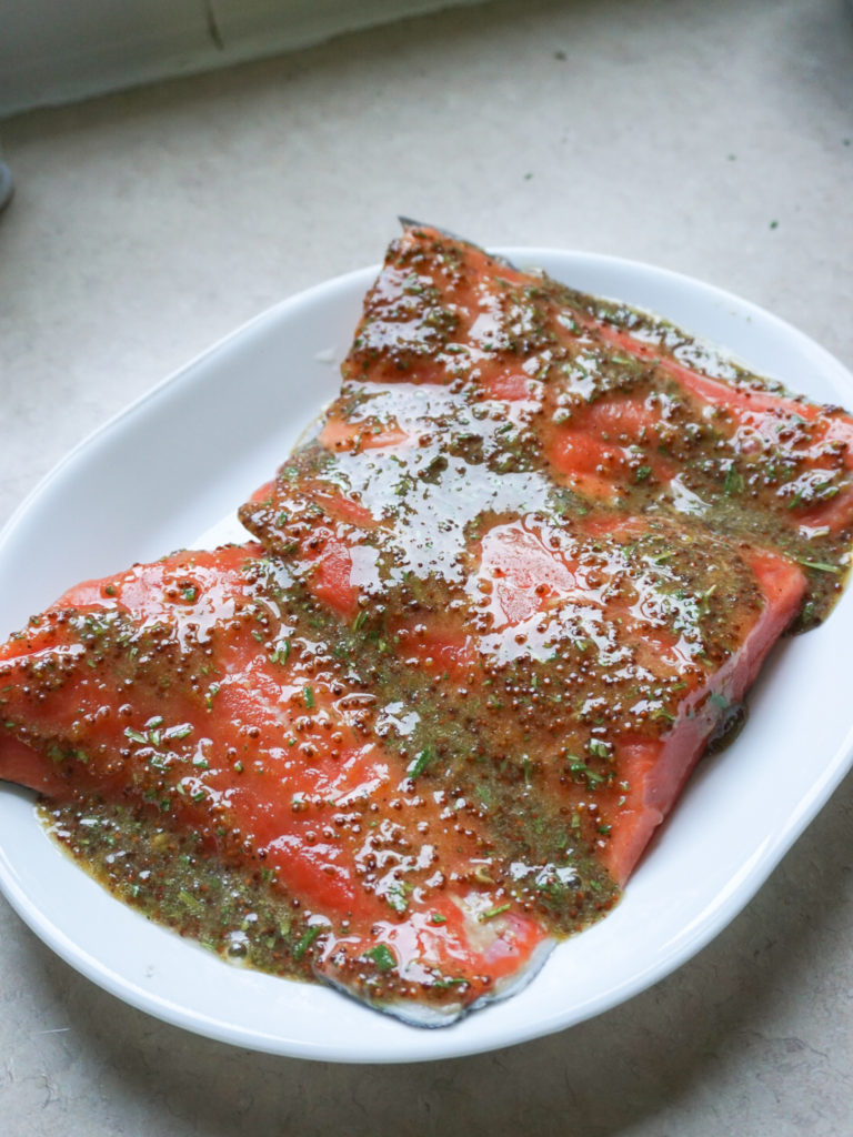 Salmon in rosemary, mustard, and honey marinade