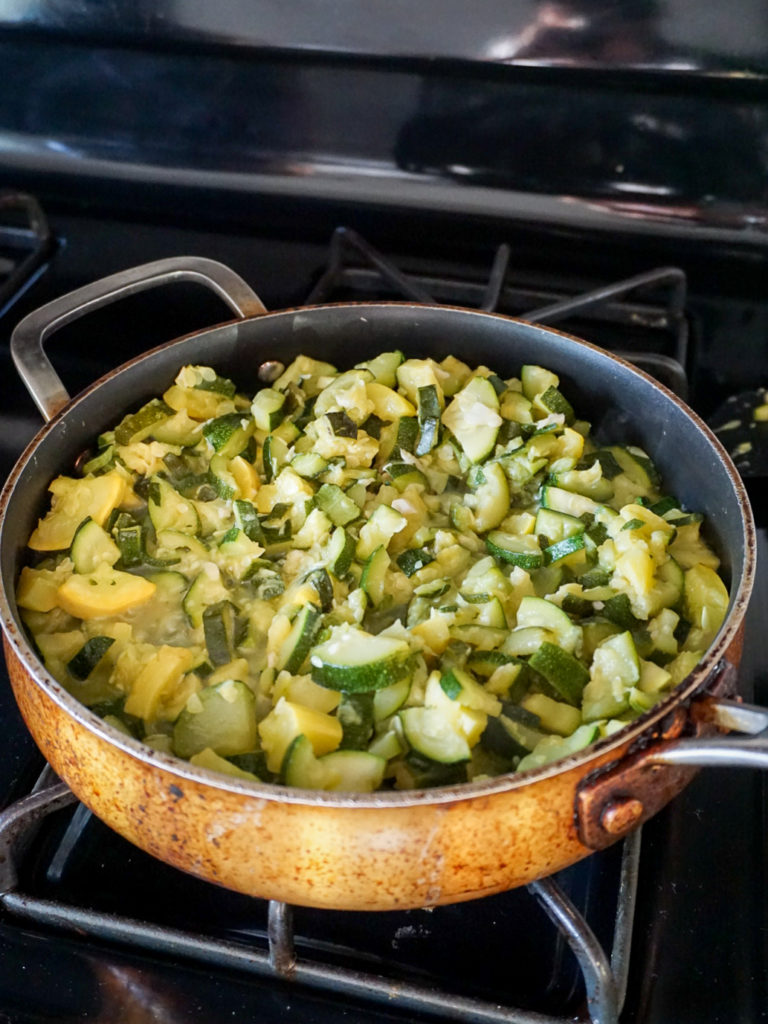 Zucchini cooking in pan for Summer Squash and Basil Pasta