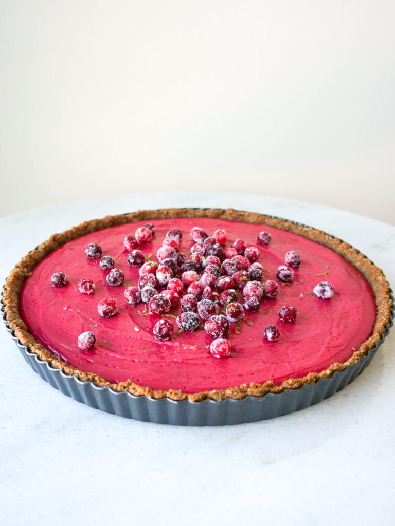 Cranberry-Lime Curd Tart from Bon Appetit on marble table