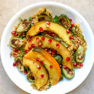 Acorn Squash, Brussels Sprouts, and Quinoa Salad with Pomegranate-Shallot Vinaigrette