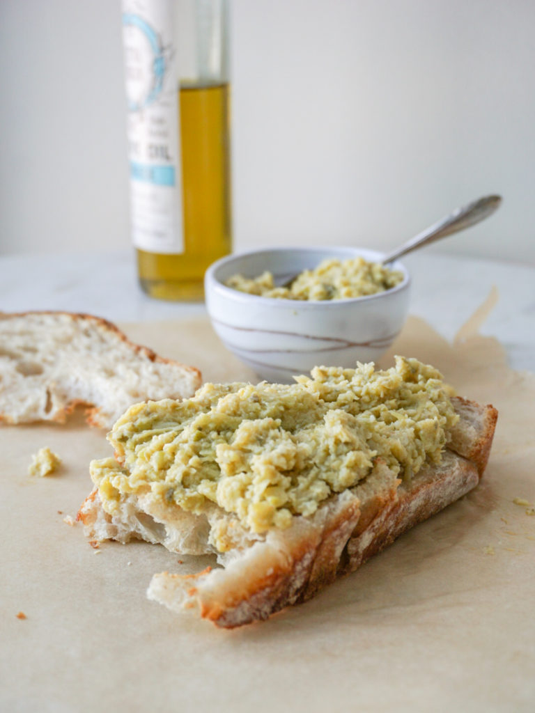 Artichoke tapenade with rosemary oil from David Lebovitz's My Paris Kitchen on crusty bread 