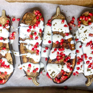 Roasted Eggplant with Buttermilk-Yogurt Dressing and Pomegranate Seeds from Ottolenghi Simple