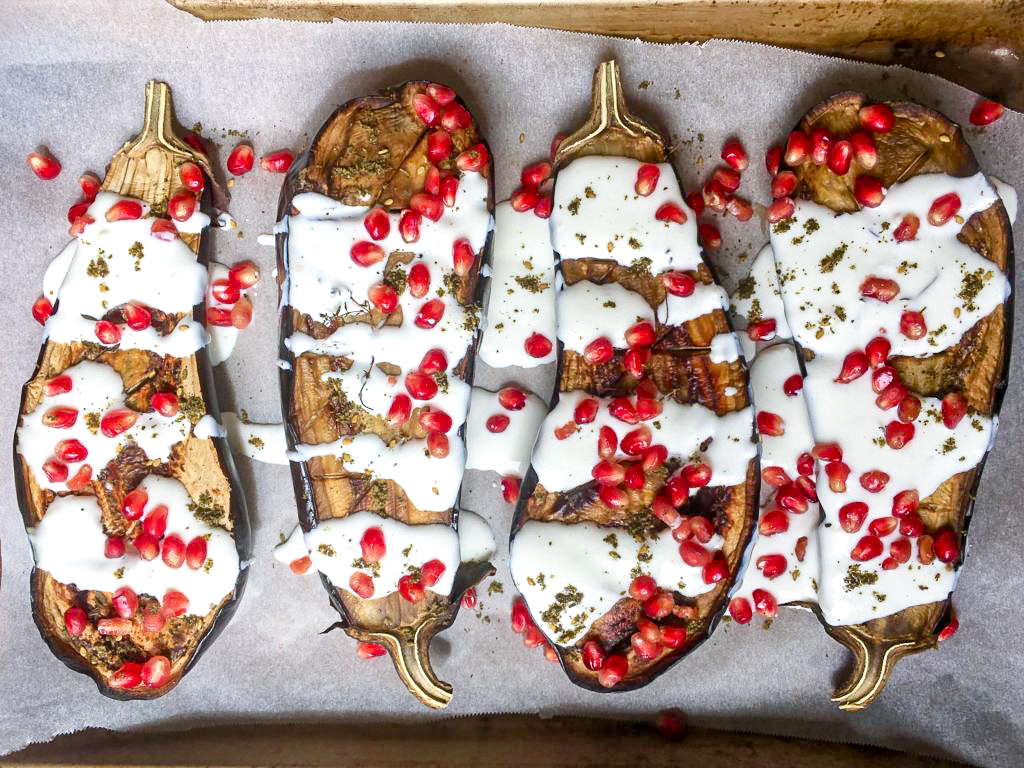 Roasted Eggplant with Buttermilk-Yogurt Dressing and Pomegranate Seeds from Ottolenghi Simple