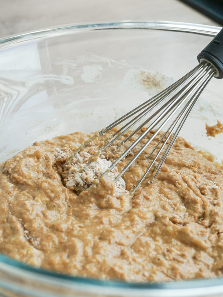 Batter and whisk in bowl for healthy easy banana bread recipe