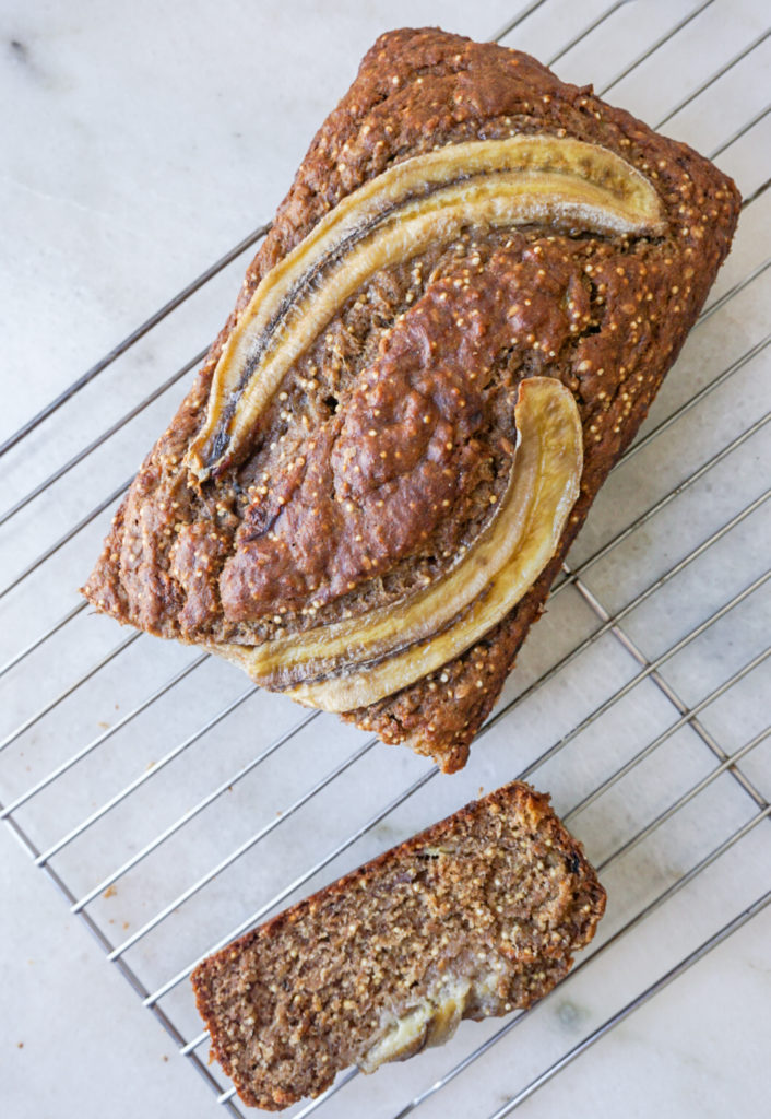healthy banana bread recipe loaf on cooling rack