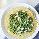 Easy polenta recipe with spinach, peas, and goat cheese