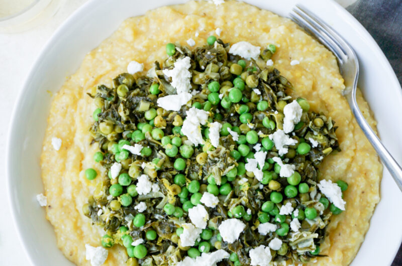 Polenta with Spinach, Peas, and Goat Cheese