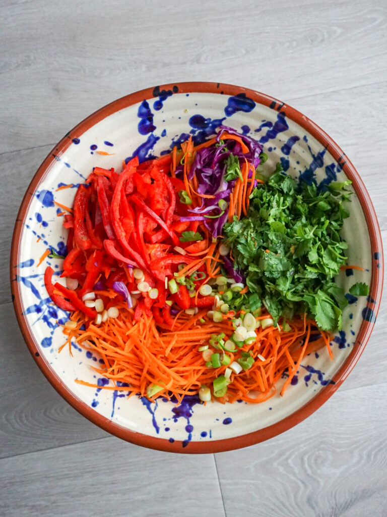 Bowl of chopped bell pepper, carrot, green onion, cabbage, and cilantro