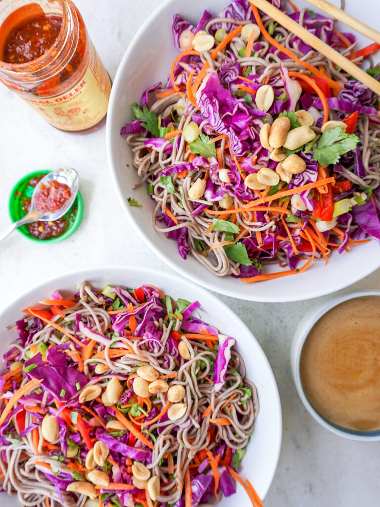 Asian Noodle Salad with Peanut Sauce in two bowls